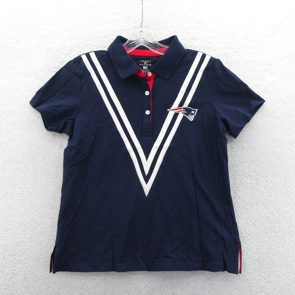Tommy Hilfiger Polo Women Small New England Patriots Navy Blue Chevron NFL Shirt